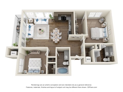 Floor plan for 2 beds, 2 baths, 1032 sqft